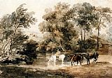 Drinking Canvas Paintings - Horses Drinking At A Pool